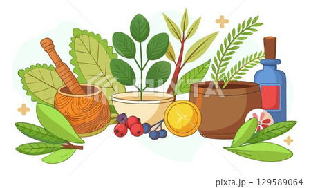 A detailed close-up of natural remedies and herbs reveals the textures, colors, and overall visual appeal of these plant-based treatments, creating a high-quality image suitable for health and wellne 129589064