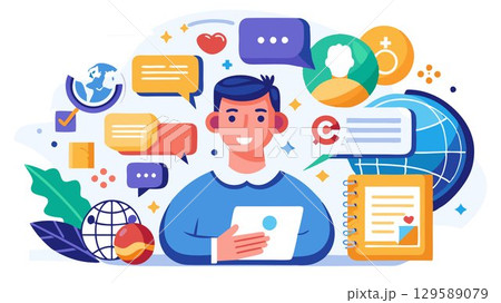 This image offers a visually compelling and conceptually rich depiction of language and communication, effectively communicating the importance of effective communication skills and the multifaceted 129589079