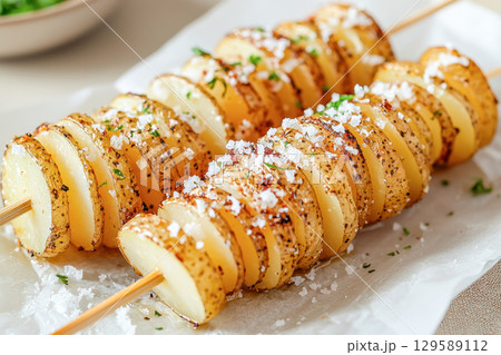 Grilled potato skewers seasoned with herbs and salt, arranged beautifully on a serving platter, showcasing delicious culinary presentation and texture 129589112