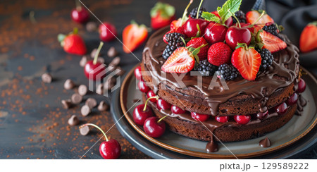 Decadent chocolate cake topped with fresh strawberries, cherries, and blackberries, showcasing a rich dessert experience with vibrant colors and textures 129589222