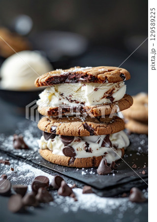 Delicious stacked cookies filled with creamy ice cream, garnished with chocolate chips and powdered sugar, creating a tempting dessert experience 129589225