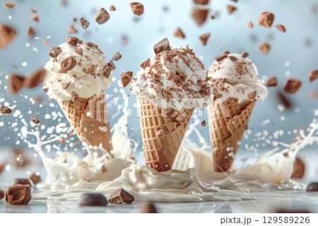Three ice cream cones with whipped cream and chocolate sprinkles, splashing milk and chocolate pieces, creating a dynamic dessert scene 129589226