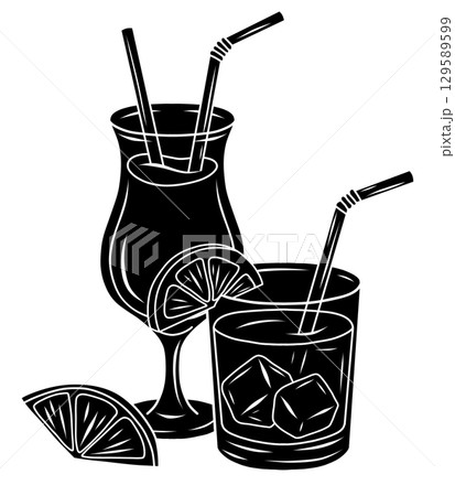 Vector illustration of two cocktails with lemon slices and ice cubes in black silhouette style. Minimal and elegant graphic style. 129589599