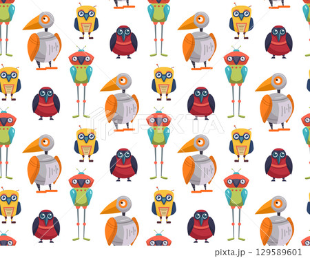 Vector seamless pattern with cute cartoon robot birds on white background. texture with colorful bird automatons. Future pets. Vector seamless pattern with cute cartoon robot birds on white background. texture with colorful bird automatons. Future pets. 129589601