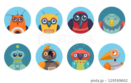 Vector illustration of colorful cartoon robot birds in round icons. Modern flat style with bright colors and playful design. 129589602