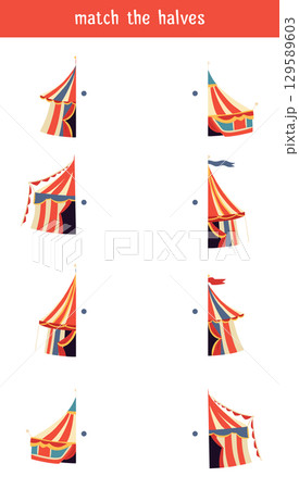 Vector template of childish educational game. Connect the halves of carnival tents. Find the correct half of the illustration of retro marquee. 129589603