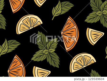 Vector seamless pattern with hand drawn orange and lemon slices and mint leaves. Citrus fruit and peppermint foliage texture on black background. 129589604