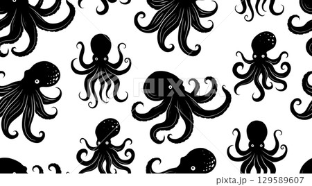 Vector seamless pattern of black octopus silhouettes on a white background. Bold contrast style with repeating marine creatures. 129589607