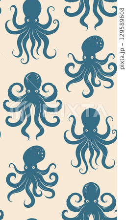 Vector seamless pattern of blue octopus silhouettes on a beige background. Bold contrast style with repeating marine creatures. 129589608