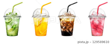 A Collection of Refreshing Beverages Served in Transparent Cups Featuring Straws A Collection of Refreshing Beverages Served in Transparent Cups Featuring Straws 129589610