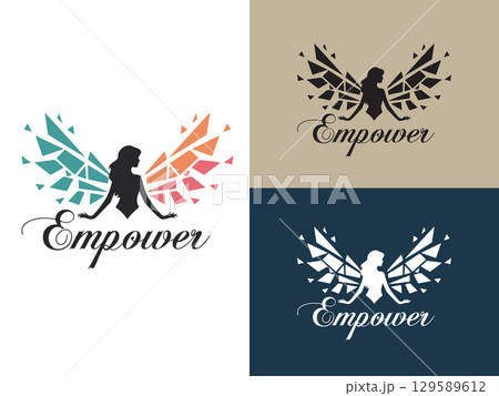 Empower Logo Design: A stylized logo design featuring a silhouette of a woman with geometric wings, symbolizing empowerment and growth.	 129589612