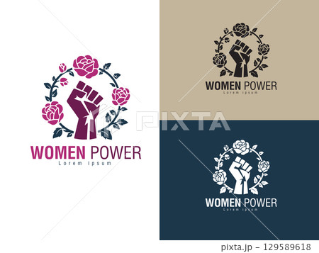 Empowerment in Bloom: An artistic symbol of female strength, a clenched fist encircled by flourishing roses. A testament to resilience and empowerment, the imagery promotes unity.	 129589618