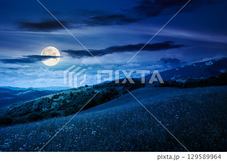 mountain landscape with wide meadow in summer at night. sky with dark clouds. grass on the pasture rolling through hills in countryside scenery to distant alpine valley in full moon light mountain landscape with wide meadow in summer at night. sky with dark clouds. grass on the pasture rolling through hills in countryside scenery to distant alpine valley in full moon light 129589964