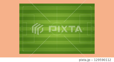 Soccer field top view with green grass and white lines. Realistic football pitch for sport match, training, strategy, or championship. Turf background for game and competition concept. 129590112