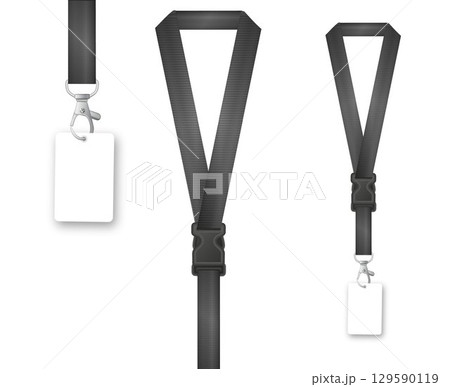 Badges Lanyard design. Identification card with ribbon. Metal closure and card with plastic. Accreditation for events congresses and companies. Vector 129590119