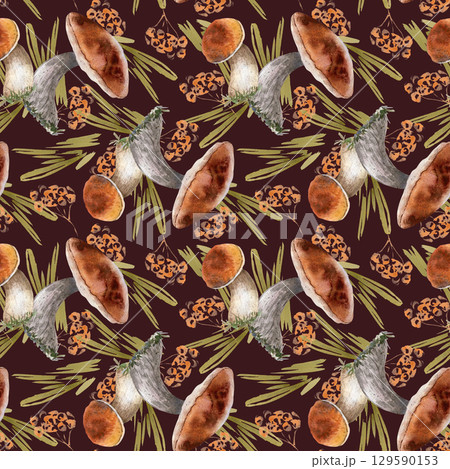 Vibrant watercolor seamless pattern of isolated forest mushrooms and brushstrokes. Boletus, porcini, and aspen cep drawing. Perfect for autumn season textiles, holiday packaging, and botanical labels. Vibrant watercolor seamless pattern of isolated forest mushrooms and brushstrokes. Boletus, porcini, and aspen cep drawing. Perfect for autumn season textiles, holiday packaging, and botanical labels. 129590153