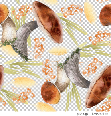Watercolor seamless pattern of forest mushrooms with brown caps isolated. Porcini and brushstrokes of grass painted. Autumn holiday repeat design for textile prints, packaging, and nature-themed decor 129590156