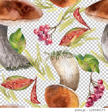 Vibrant hand painted watercolor seamless pattern of mushrooms, chokeberry berries, and colorful leaves isolated. Autumn repeat design for textile, wallpapers, packaging. Fall botanical seasonal decor. Vibrant hand painted watercolor seamless pattern of mushrooms, chokeberry berries, and colorful leaves isolated. Autumn repeat design for textile, wallpapers, packaging. Fall botanical seasonal decor. 129590173