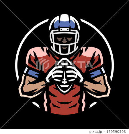 American football player with ball logo, emblem on dark background. 129590398