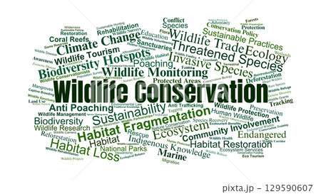 Wildlife Conservation Word Cloud. Essential Terms On Biodiversity, Ecosystem Protection, Endangered Species, And Global Preservation Efforts. 129590607