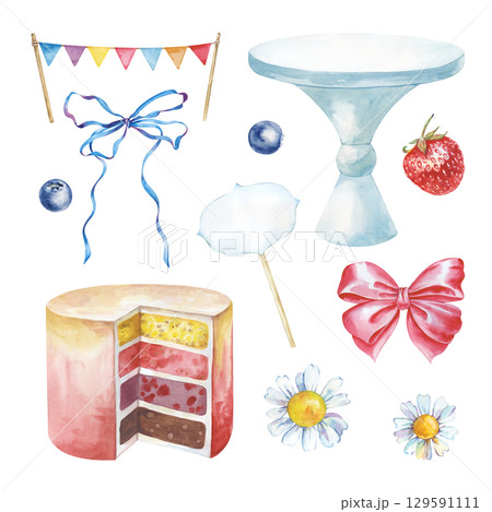 A set with a cake and a set of hand-drawn elements for decorating the cake. Watercolor illustrations. Holiday clipart. 129591111