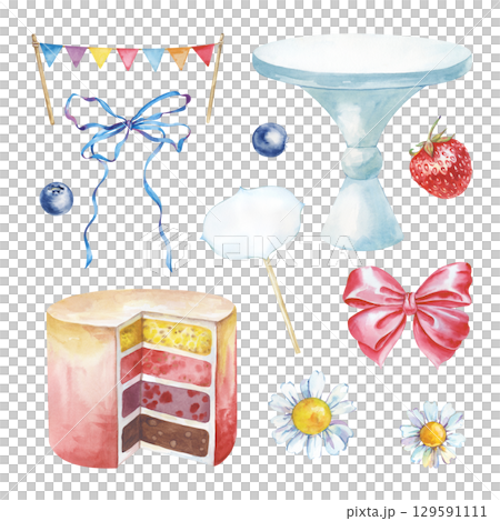 A set with a cake and a set of hand-drawn elements for decorating the cake. Watercolor illustrations. Holiday clipart. 129591111