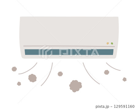ホコリが出ているエアコンのイラスト 汚れた壁掛け冷暖房家電と掃除必要な室内 ホコリが出ているエアコンのイラスト 汚れた壁掛け冷暖房家電と掃除必要な室内 129591160