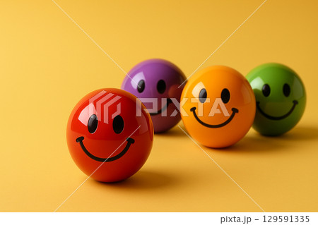 Vibrant collection of multicolored smiley spheres representing harmony and unity as a visual metaphor for diversity, inclusion, and equity. Vibrant collection of multicolored smiley spheres representing harmony and unity as a visual metaphor for diversity, inclusion, and equity. 129591335