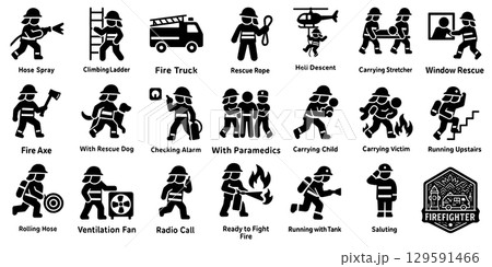 消防士の活動ピクトグラムセット、Firefighter Activity Icon Set 129591466