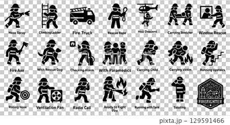 消防士の活動ピクトグラムセット、Firefighter Activity Icon Set 129591466