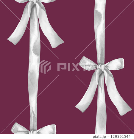 Seamless watercolor pattern with silver ribbons on a maroon background. Vertical seamless background with bows for wallpaper, packaging, fabrics, textiles, stickers, postcards, posters Seamless watercolor pattern with silver ribbons on a maroon background. Vertical seamless background with bows for wallpaper, packaging, fabrics, textiles, stickers, postcards, posters 129591544