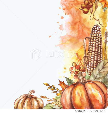 Autumn frame of watercolor pumpkins on beige background. Decor for Halloween, Thanksgiving. 129591656
