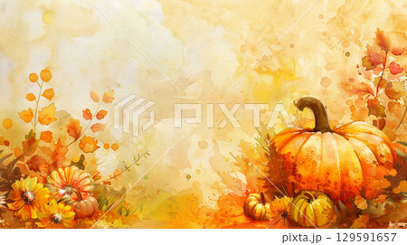 Autumn frame of watercolor pumpkins on beige background. Decor for Halloween, Thanksgiving. 129591657