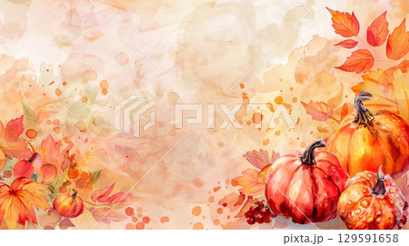 Autumn frame of watercolor pumpkins on beige background. Decor for Halloween, Thanksgiving. Autumn frame of watercolor pumpkins on beige background. Decor for Halloween, Thanksgiving. 129591658