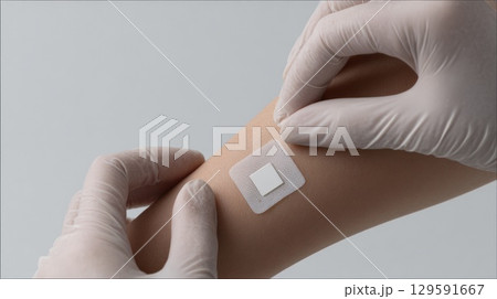 Healthcare Professional Applying a Bandage on a Patient's Arm in Close-Up 129591667