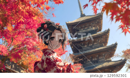 秋の京都の東寺を観光する着物を着た女性 129592301