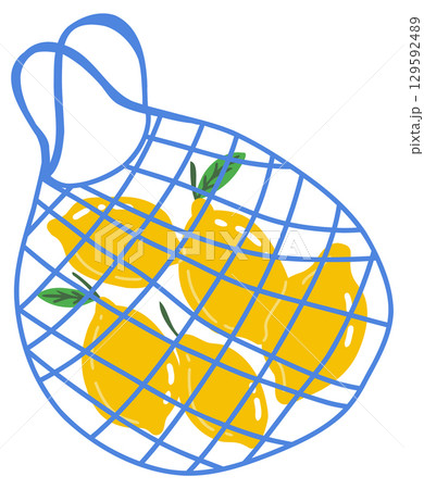 Hand-drawn digital illustration of fresh yellow lemons in a vibrant blue mesh bag. Modern, bold design perfect for kitchen art, packaging, editorial, and summer-themed creative projects. 129592489