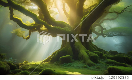 光差す苔むした巨木の森（幻想的ファンタジー風景） 129592586