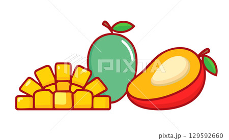Artistic mango drawing with glossy surface, sliced half showing golden cubes, isolated on white with ample copy space. 129592660