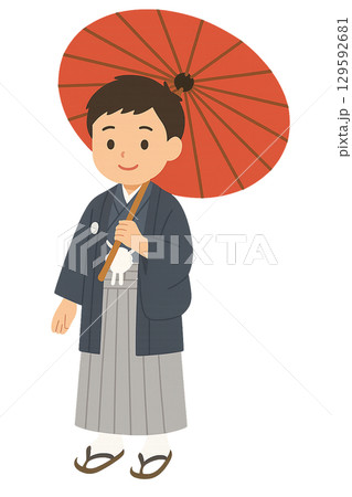 七五三の和傘を持つ男の子のイラスト（背景透過） 129592681