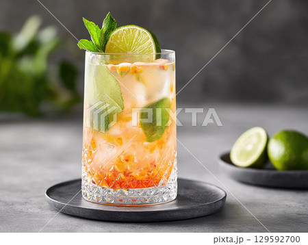 Refreshing cocktail with lime and mint served over ice 129592700