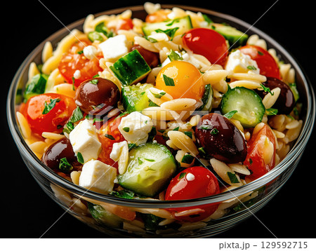 Fresh orzo salad with vegetables and feta 129592715