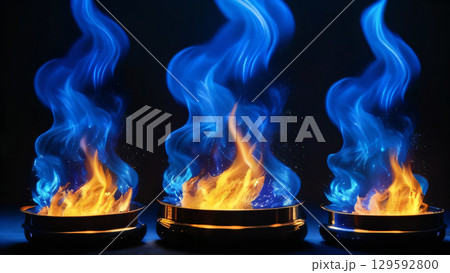 青とオレンジの幻想的な炎（3つの炎アート） 129592800