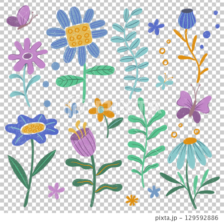 Children's drawing crayon. Set of abstract flowers, plants and butterflies. Children's drawing crayon. Set of abstract flowers, plants and butterflies. 129592886