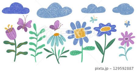 Children's drawing with crayon. Set of abstract flowers, plants and butterflies. Children's drawing with crayon. Set of abstract flowers, plants and butterflies. 129592887