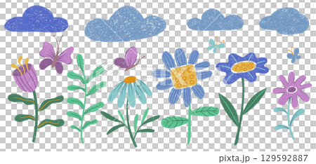 Children's drawing with crayon. Set of abstract flowers, plants and butterflies. Children's drawing with crayon. Set of abstract flowers, plants and butterflies. 129592887