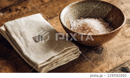 Rustic Ceramic Bowl with Sea Salt on Wooden Table Surface Rustic Ceramic Bowl with Sea Salt on Wooden Table Surface 129592892