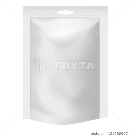 White zip bag, paper or plastic bag vector 3D mockup design, realistic closed empty pouch doy-pack package 129592907