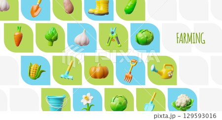 Farming 3D plastic style vector banner design, vegetables and greenery harvest, gardening equipment, organic crops Farming 3D plastic style vector banner design, vegetables and greenery harvest, gardening equipment, organic crops 129593016