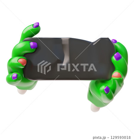 Creepy zombie green hands show a sign board, vector 3D cartoon dead human body limbs presentation black plank banner 129593018